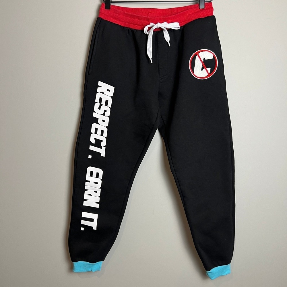 WWE Mens Joggers Medium‎ Black Red Blue Respect Earn It Logo Sweatpants